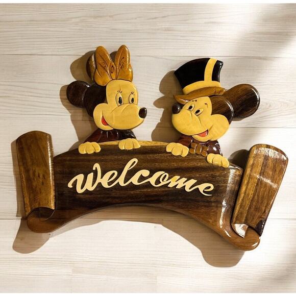 Disney Other - Vtg Disney MICKEY MINNIE MOUSE Welcome Wall Decoration Wood Intarsia Marquetry